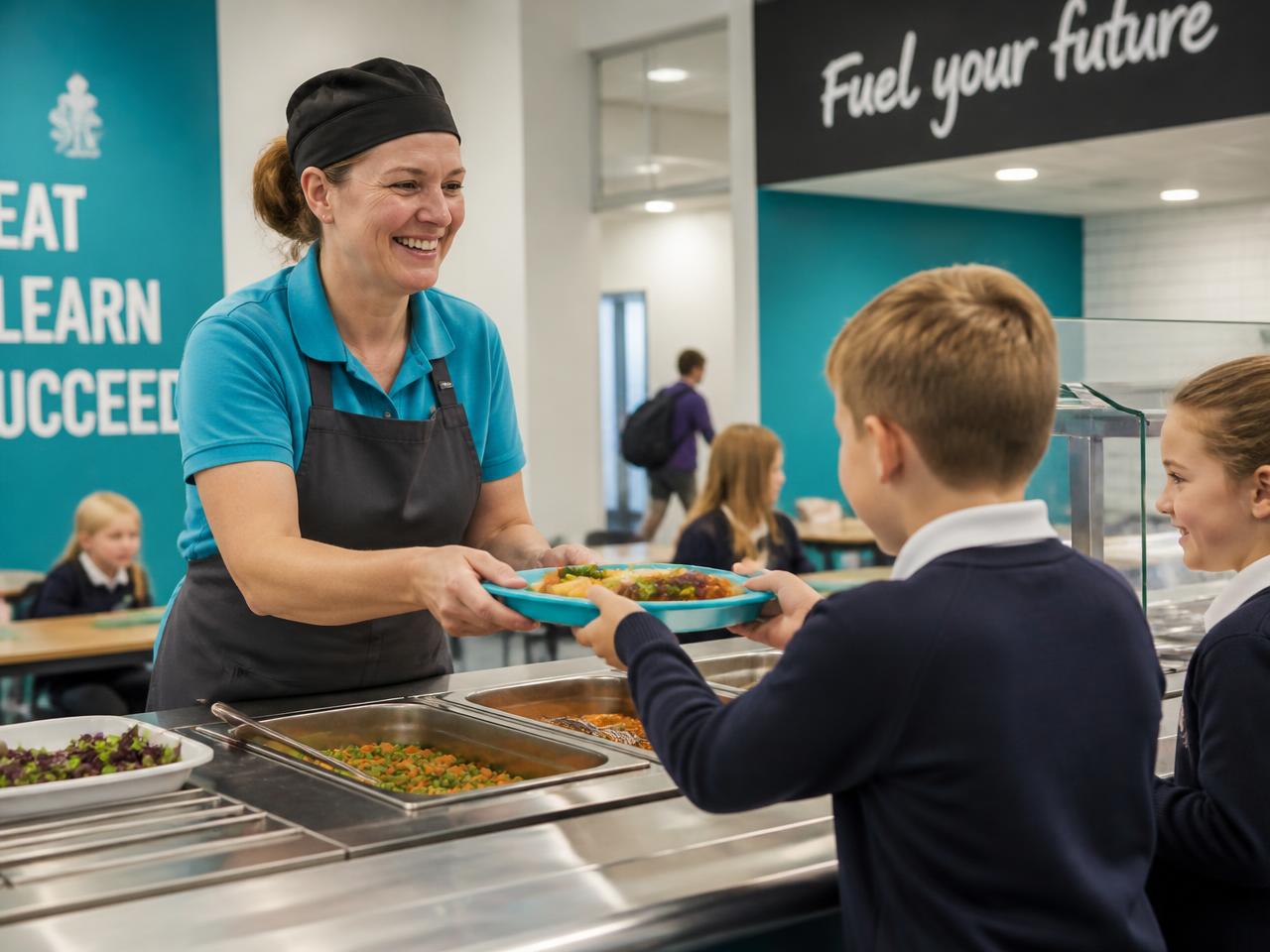 School catering staff serving lunch to pupils
