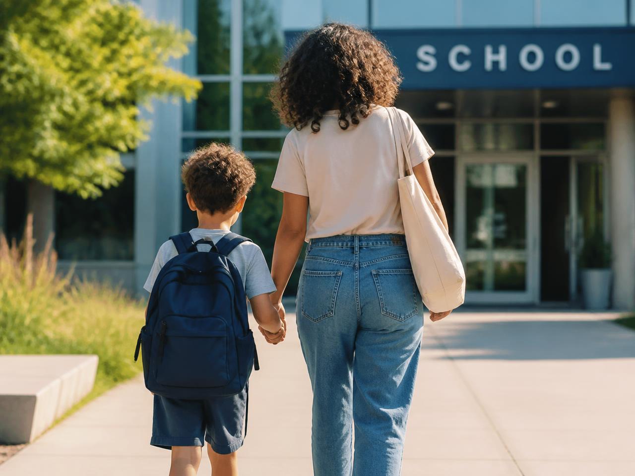 A parent walking their child to school